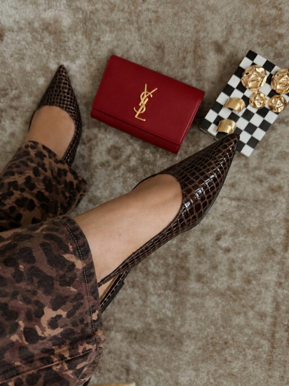 New Brown Crocodile Croc Pointed Toe Slingback Flats Mules Ballet Ballerina Shoe